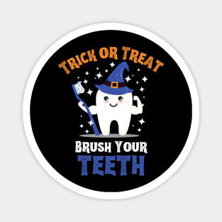 Trick or Treat Brush Your Teeth - Tooth Wearing Witch Hat Holding Toothbrush Magnet